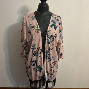 Dorothy Perkins Pink Floral Butterfly and Birds Fringed Kimono Coverup, size XL